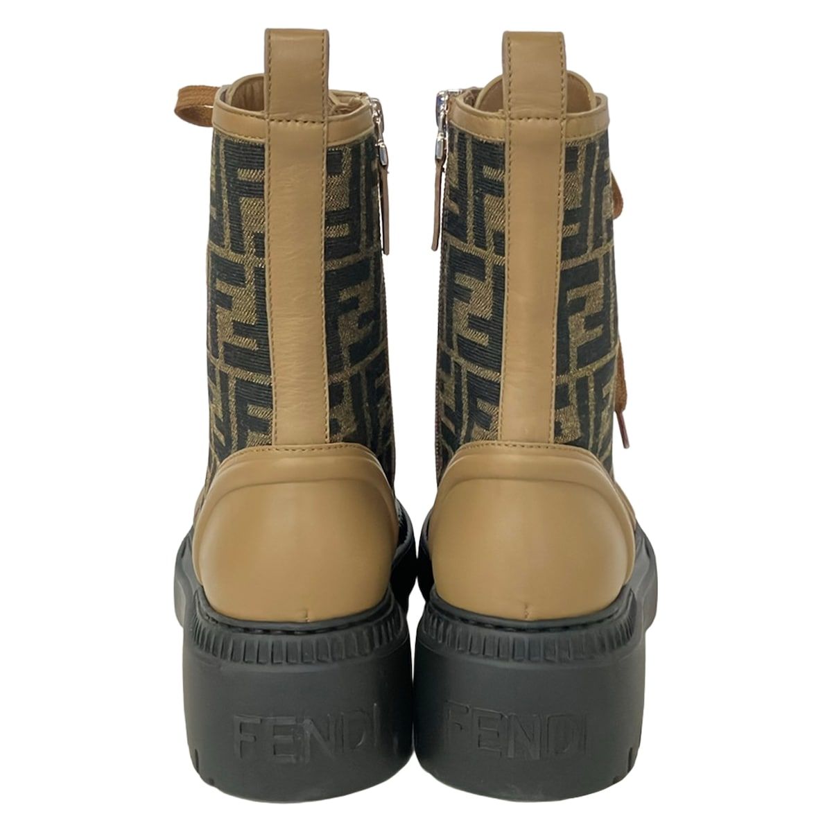 Fendi Short Boots Khaki Light Brown Black Zucca Pattern Leather 36 — view 3