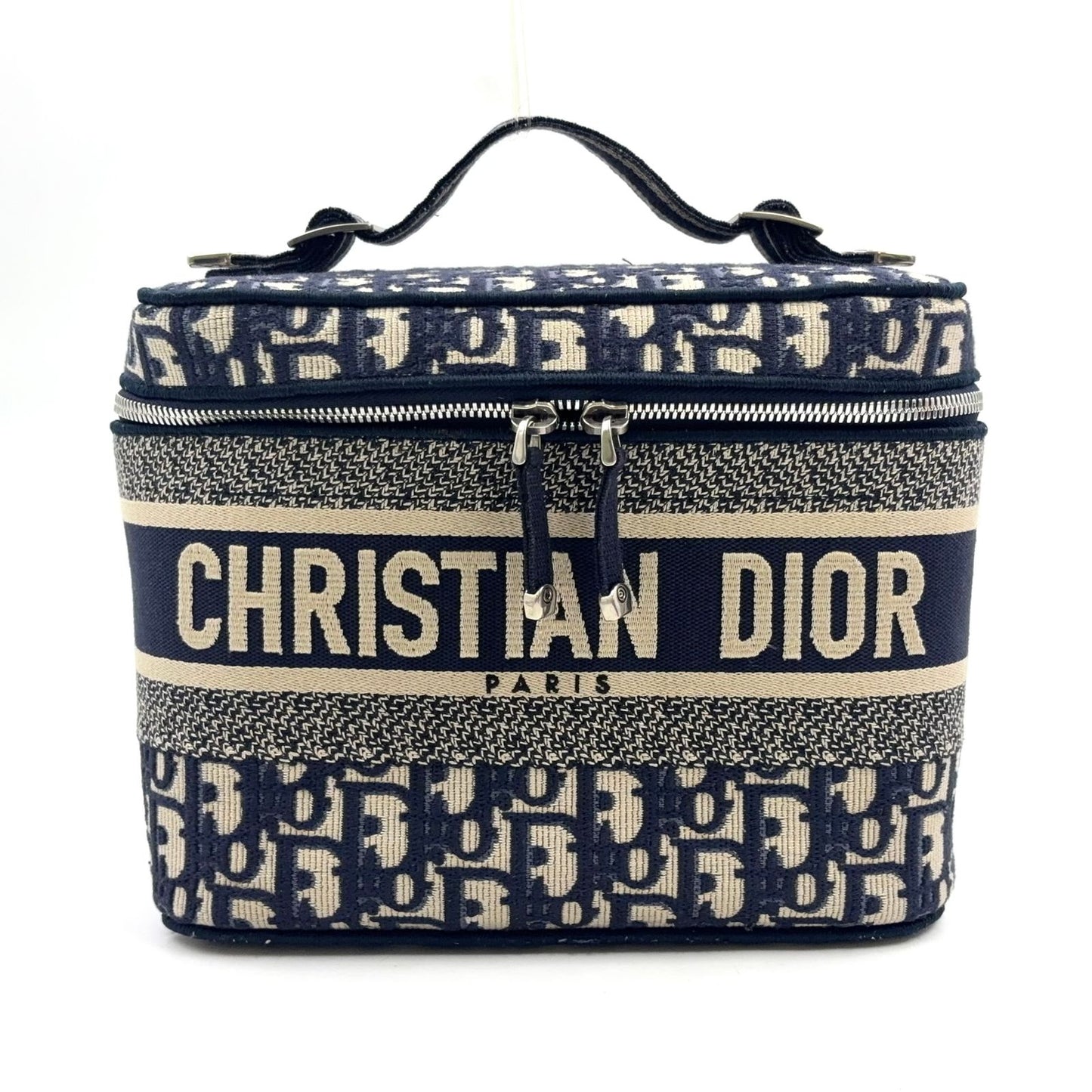 Dior Travel Vanity Cotton Off White Navy Handbag Silver