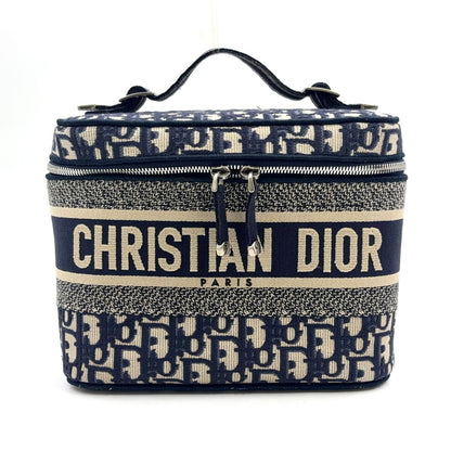 Dior Travel Vanity Cotton Off White Navy Handbag Silver