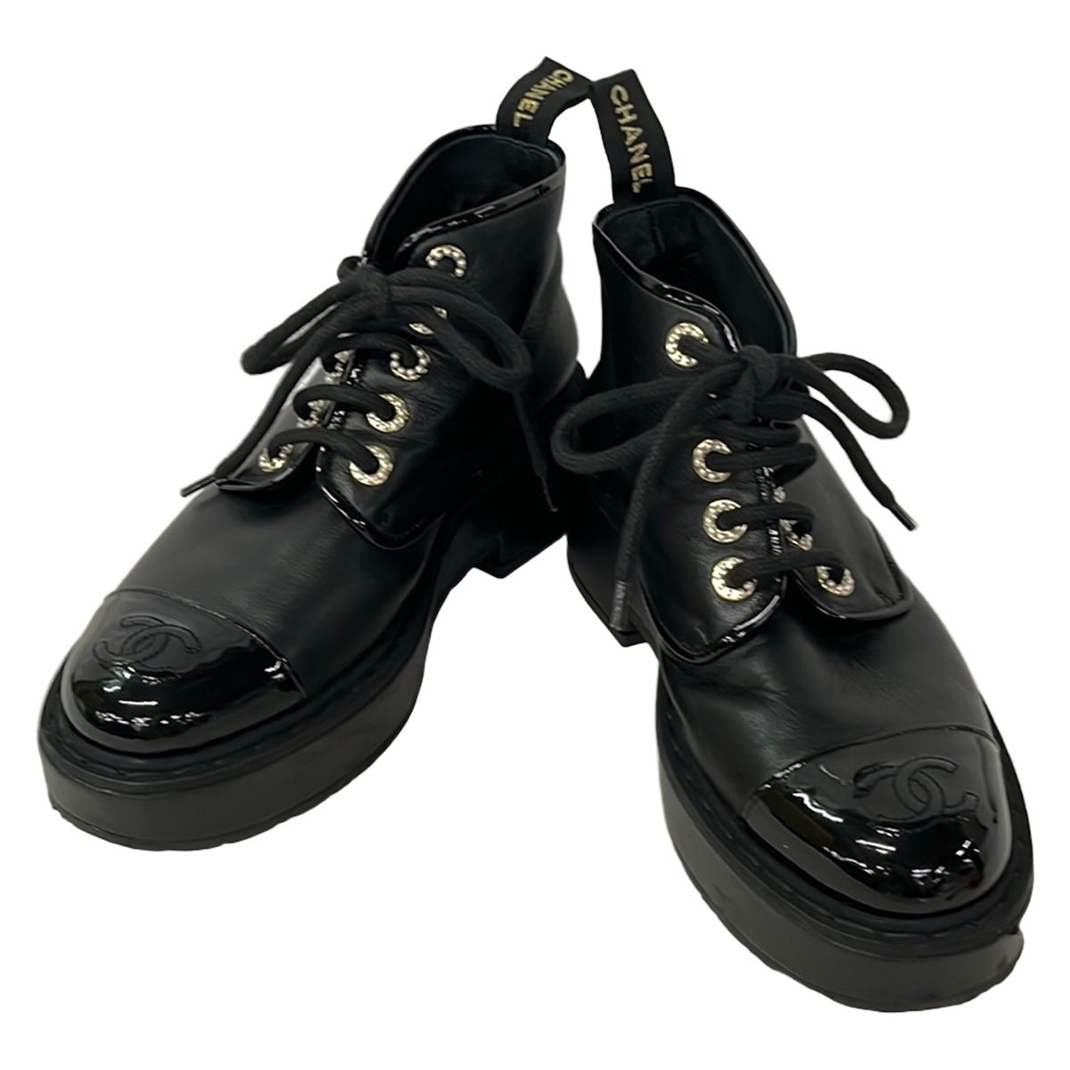 Chanel Short Boots C Black CC Logo Pearl Leather Lambskin 36 — view 2
