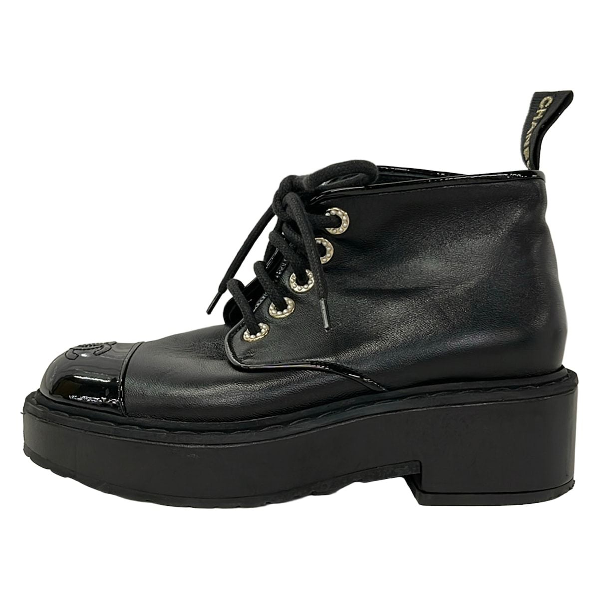 Chanel Short Boots C Black CC Logo Pearl Leather Lambskin 36