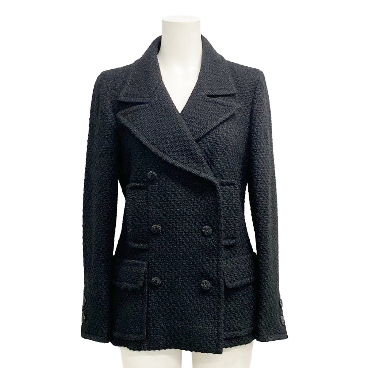 Chanel Coat 38 M Black Long Sleeve Tweed Short Length Winter Autumn Wool