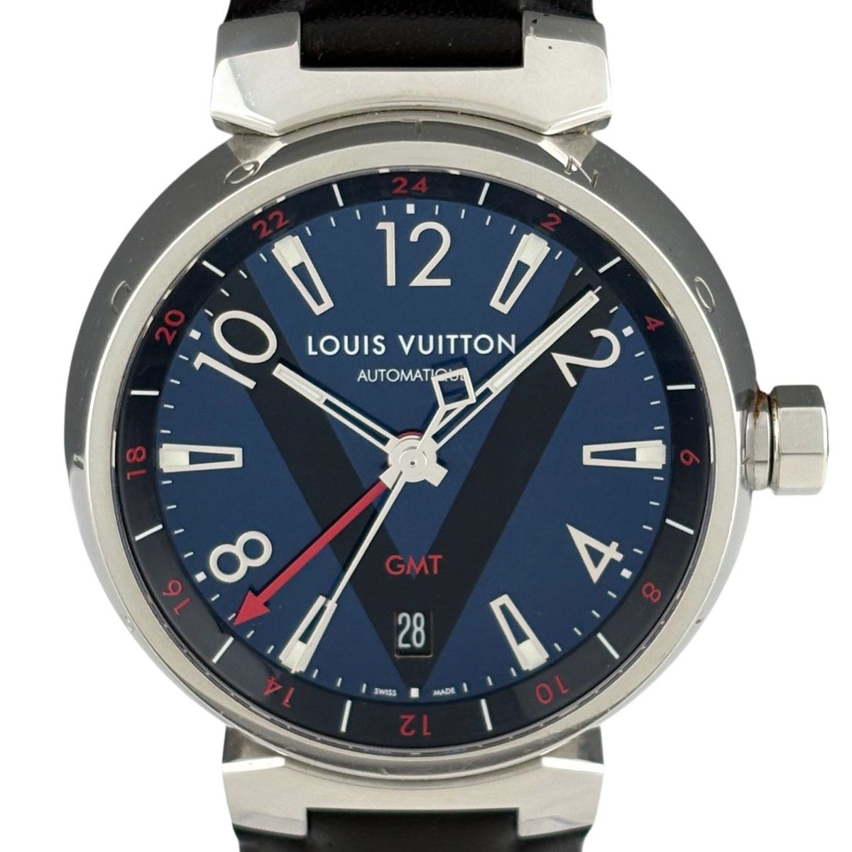 Louis Vuitton Tambour GMT Watch SS Leather Automatic Blue
