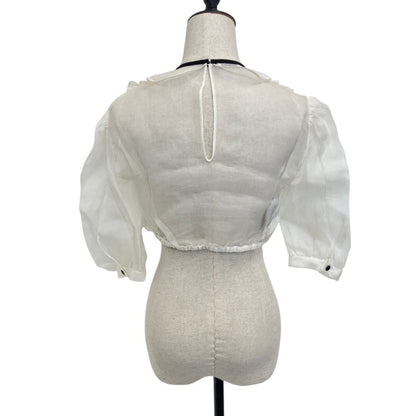 Miu Miu Puff Sleeve Cropped Sheer Ruffle Blouse 42 Off White — view 2