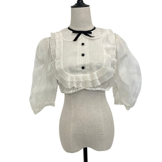 Miu Miu Puff Sleeve Cropped Sheer Ruffle Blouse 42 Off White
