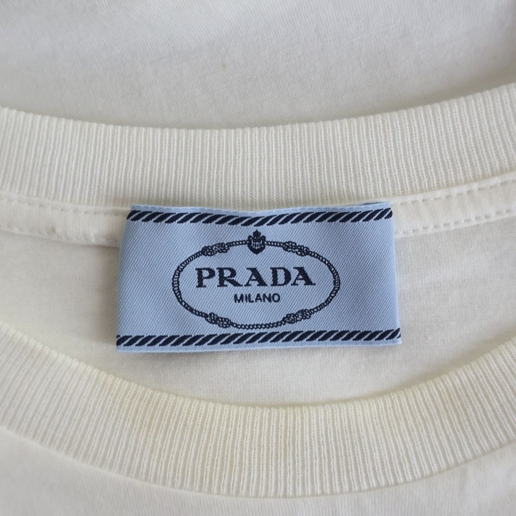 Prada Triangle Logo Lace Cotton Long Sleeve T-Shirt Dress #xs White — view 6