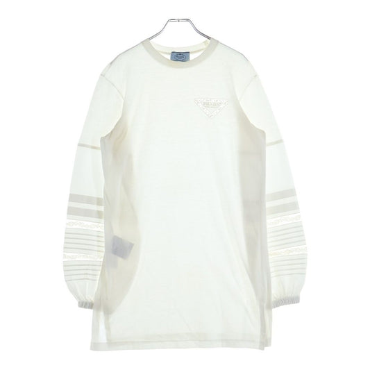 Prada Triangle Logo Lace Cotton Long Sleeve T-Shirt Dress #xs White