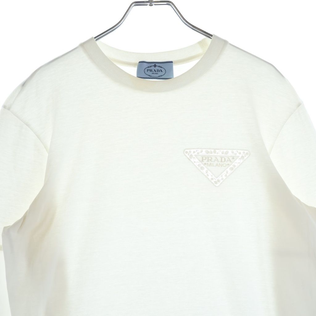 Prada Triangle Logo Lace Cotton Long Sleeve T-Shirt Dress #xs White — view 3