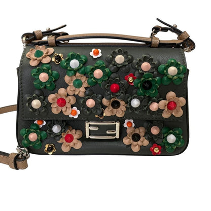 Fendi Applique Studs Flowerland Micro Double Bucket Chain Shoulder Bag Khaki