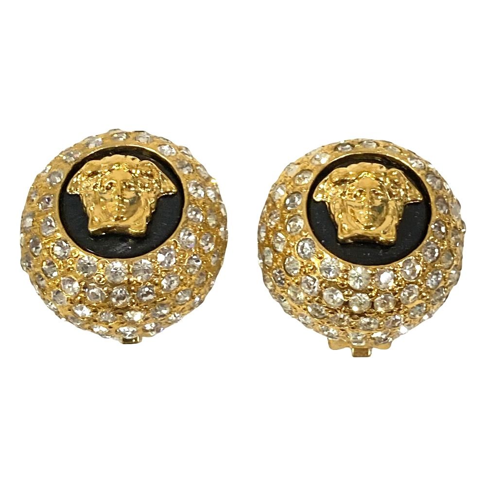 Versace Gianni Vintage Medusa Rhinestone Huge Earrings Gold Plated