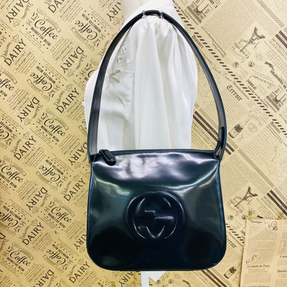 Gucci Shoulder Bag Interlocking G Logo Patent Black