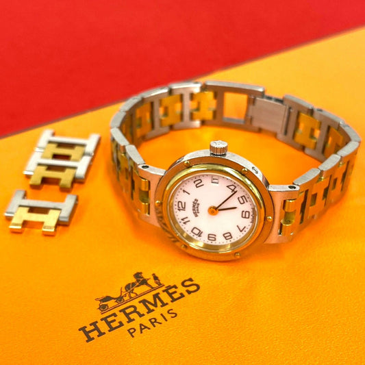 Hermes Vintage Clipper Stainless Steel Quartz Watch Wrist Silver Gold