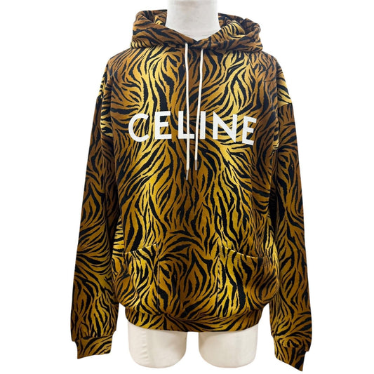 Celine Cotton Tiger Pattern Logo Print Hooded Pullover Hoodie Brown Black