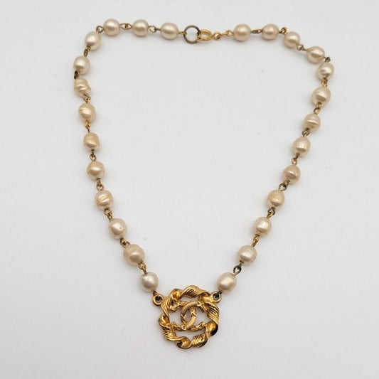 Chanel Gold Faux Pearl CC Logo Necklace Twist First Era Vintage