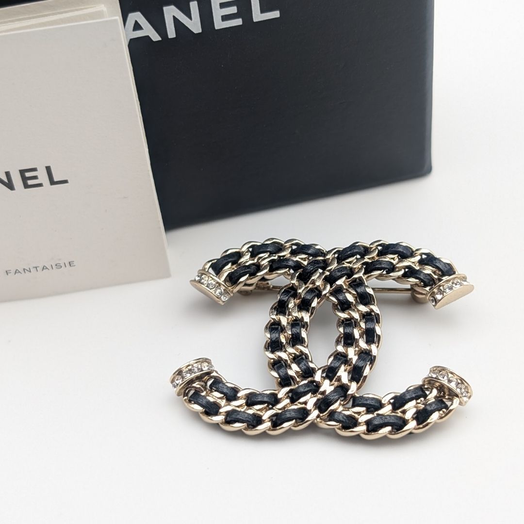 Chanel Brooch CC Logo Leather Chain Gold Black Rhinestone Recent