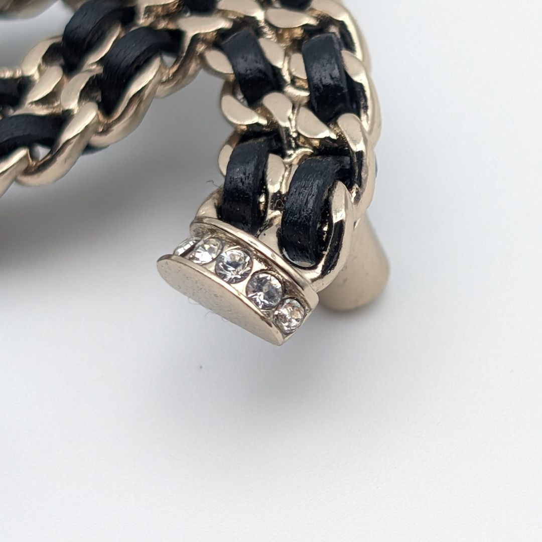 Chanel Brooch CC Logo Leather Chain Gold Black Rhinestone Recent — view 3