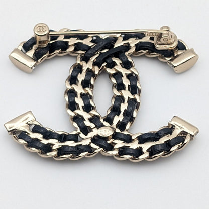 Chanel Brooch CC Logo Leather Chain Gold Black Rhinestone Recent — view 5