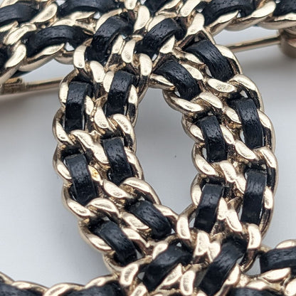 Chanel Brooch CC Logo Leather Chain Gold Black Rhinestone Recent — view 4