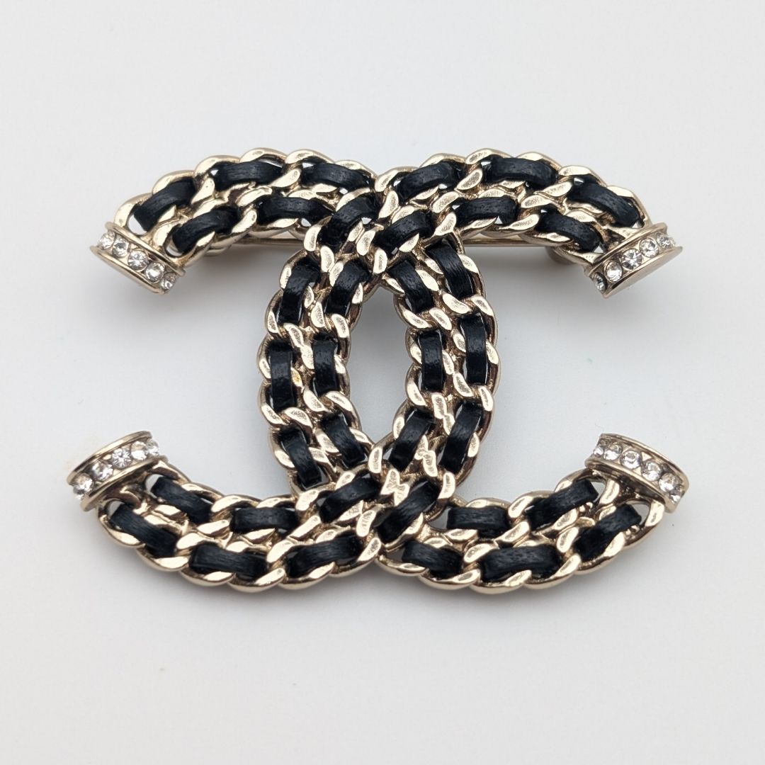 Chanel Brooch CC Logo Leather Chain Gold Black Rhinestone Recent — view 2