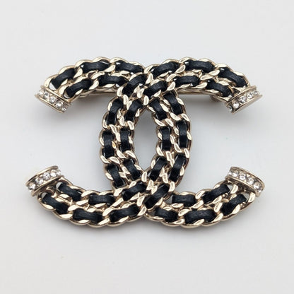 Chanel Brooch CC Logo Leather Chain Gold Black Rhinestone Recent — view 2