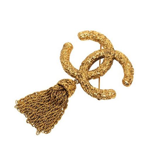 Chanel Vintage CC Logo Lava Fringe Brooch Gold Plated