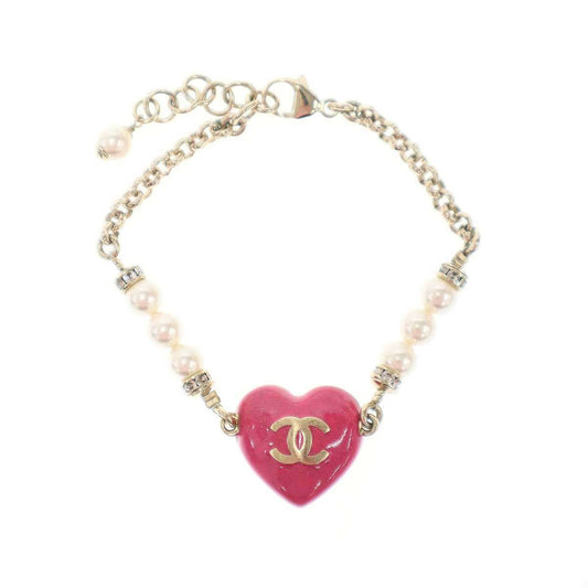 Chanel CC Logo Heart Pearl Bracelet Pink Gold