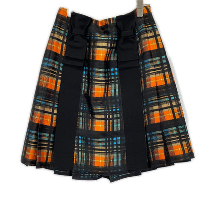 Prada Orange Check Waist Belt Ribbon Pleated Skirt 36