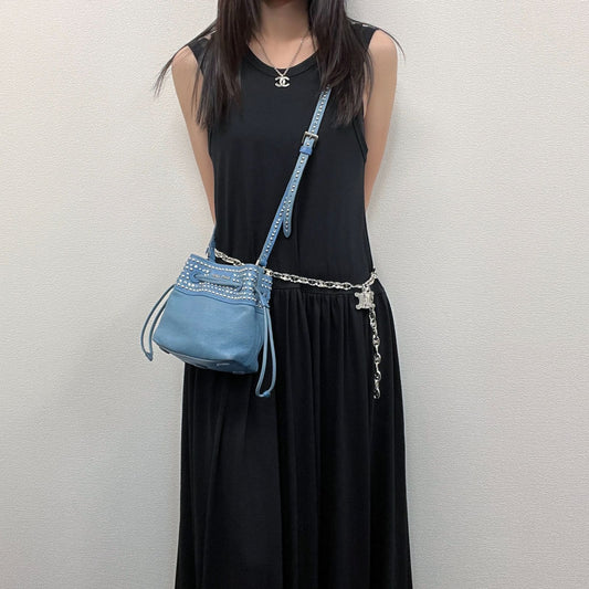 Miu Miu Studs Drawstring Shoulder Bag Leather Blue Silver Vintage