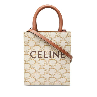Celine Triomphe Mini Vertical Cabas 2-Way Shoulder Bag White Brown Leather