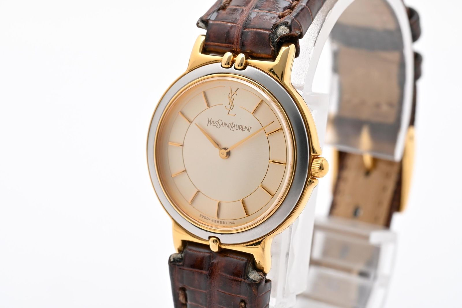 Saint Laurent YSL 2200 Quartz Watch Gold Dial Leather Strap