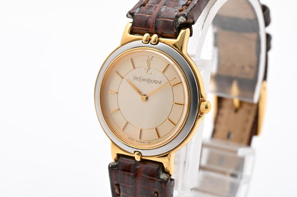 Saint Laurent YSL 2200 Quartz Watch Gold Dial Leather Strap