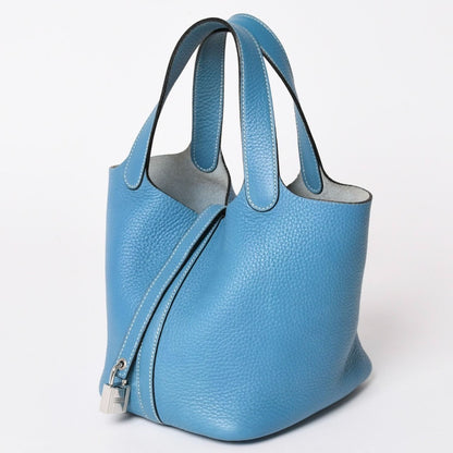 Hermes Picotin Lock PM Handbag Blue Jean Taurillon Clemence Silver