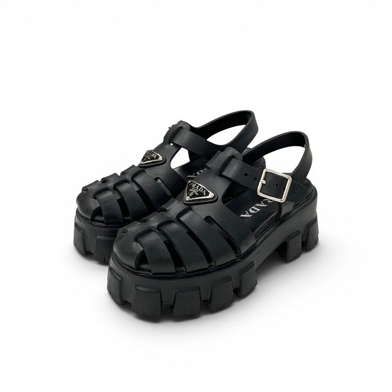 Prada Monolith Sandals Shoes Rubber Black Triangle Logo