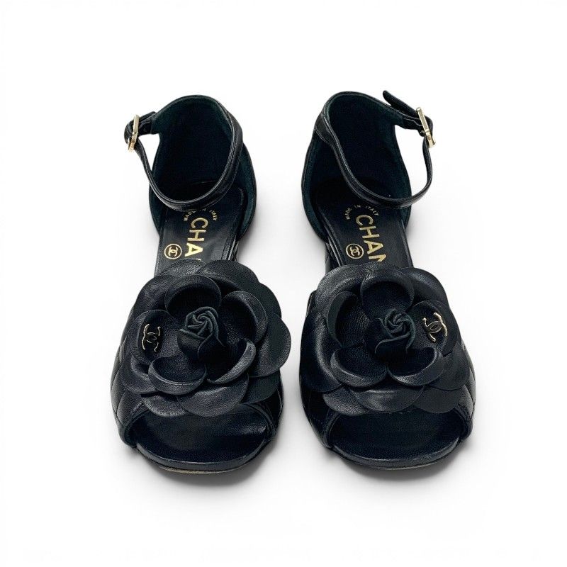 Chanel Sandals Shoes Leather Black CC Logo Camellia Quilted Strap — view 2