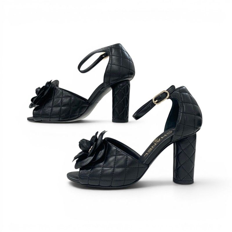 Chanel Sandals Shoes Leather Black CC Logo Camellia Quilted Strap — view 3