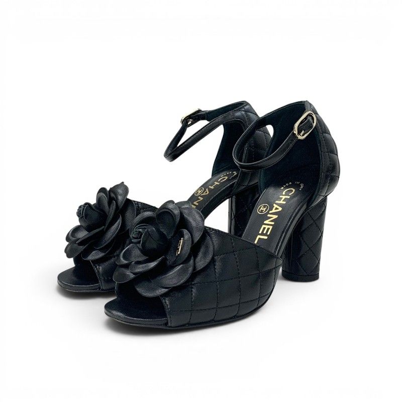 Chanel Sandals Shoes Leather Black CC Logo Camellia Quilted Strap