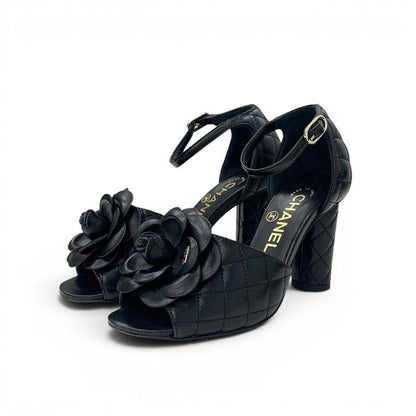 Chanel Sandals Shoes Leather Black CC Logo Camellia Quilted Strap