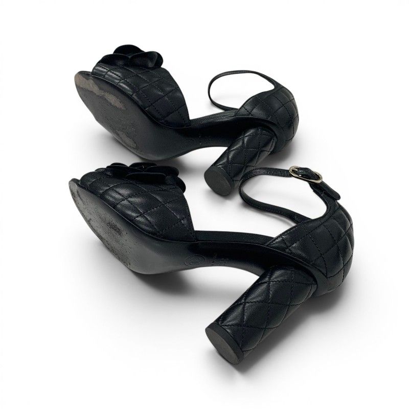 Chanel Sandals Shoes Leather Black CC Logo Camellia Quilted Strap — view 6
