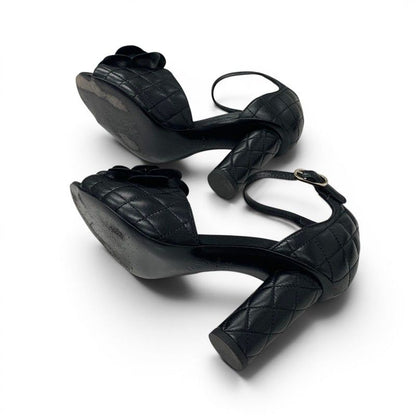 Chanel Sandals Shoes Leather Black CC Logo Camellia Quilted Strap — view 6