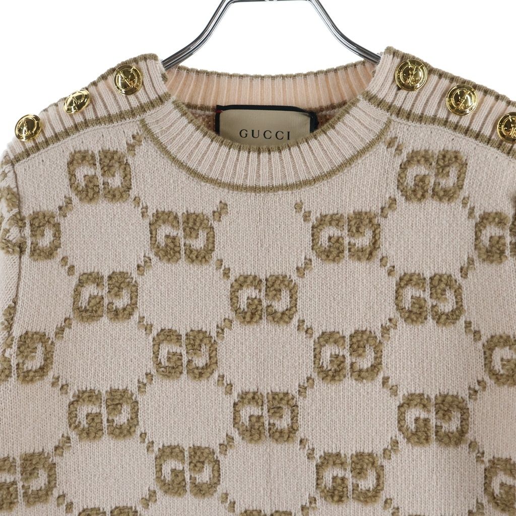 Gucci GG Wool Boucl Jacquard Dress Short Sleeve Knit Logo All Over Pattern Gold — view 3