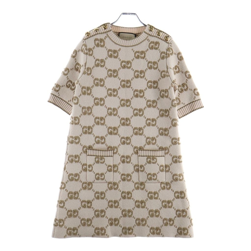 Gucci GG Wool Boucl Jacquard Dress Short Sleeve Knit Logo All Over Pattern Gold