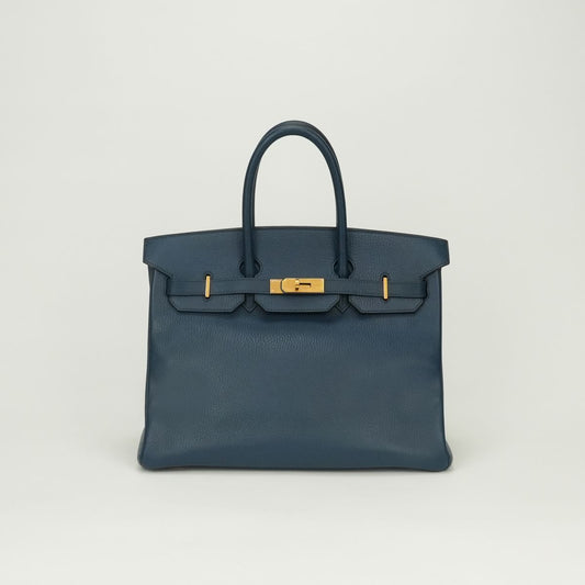 Hermes Birkin 35 Ardennes Blue Bleu Roi Navy Gold Handbag Vache Liegee