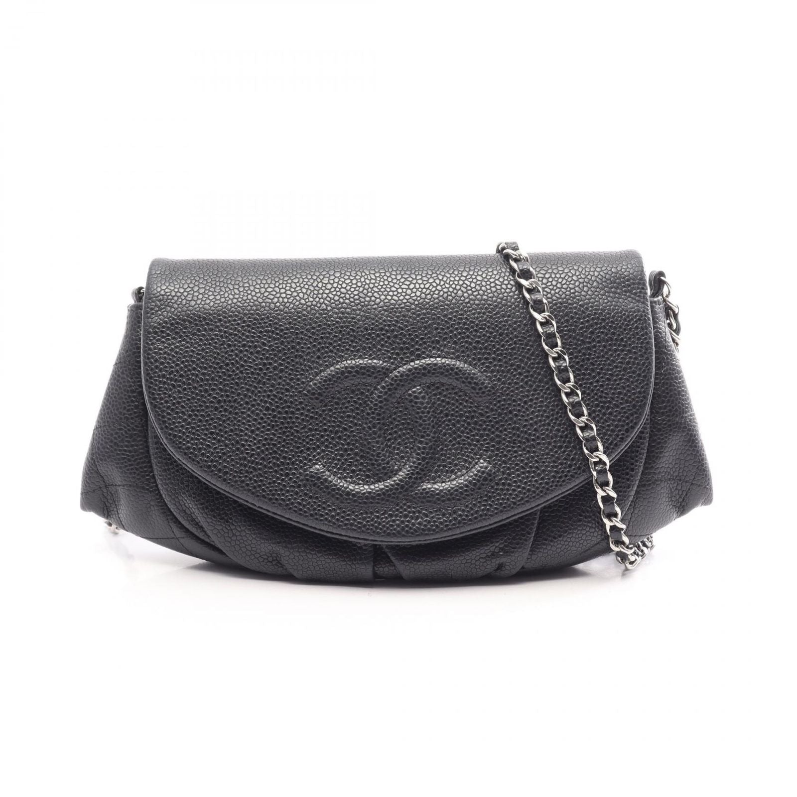 Chanel Shoulder Bag Half Moon CC Logo Black Caviar Leather CC Chain Wallet