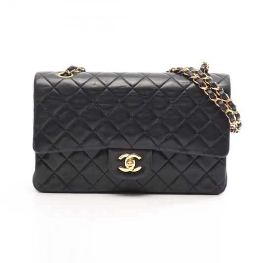 Chanel Shoulder Bag Quilted Double Flap Black Lambskin Chain