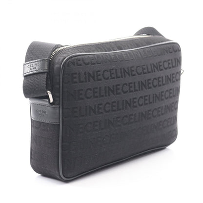 Celine Shoulder Bag Logo Embroidery All Over Pattern Black Canvas Leather — view 2