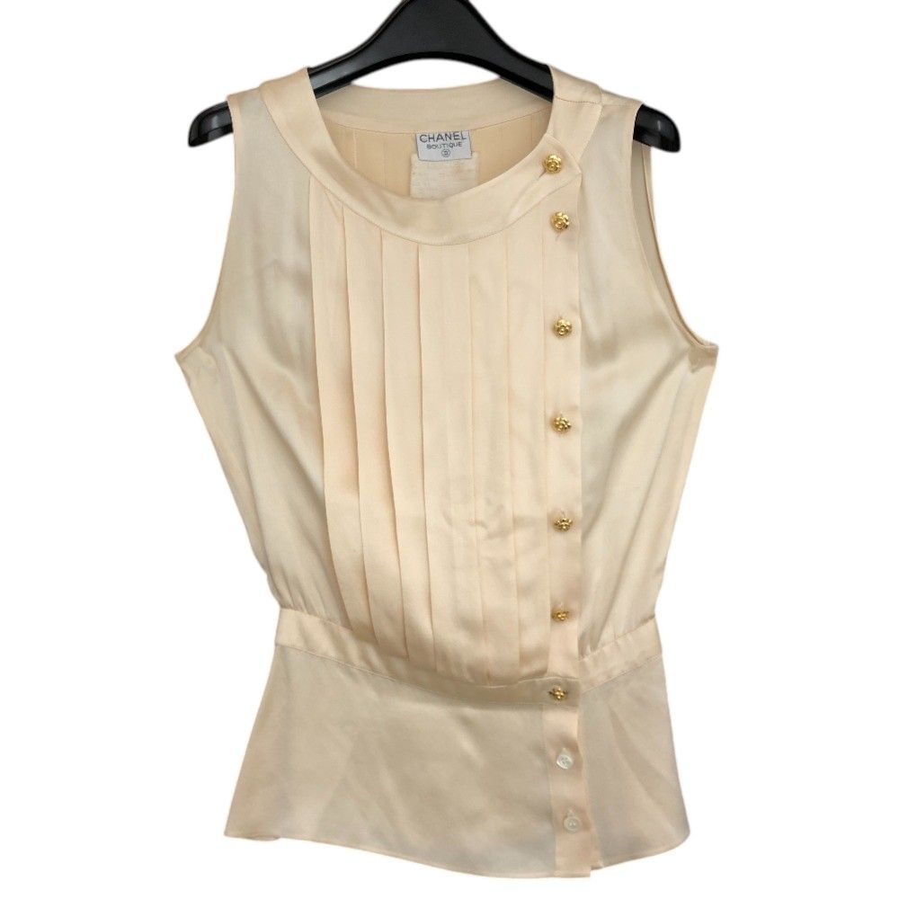 Chanel Blouse Camellia Button Silk White