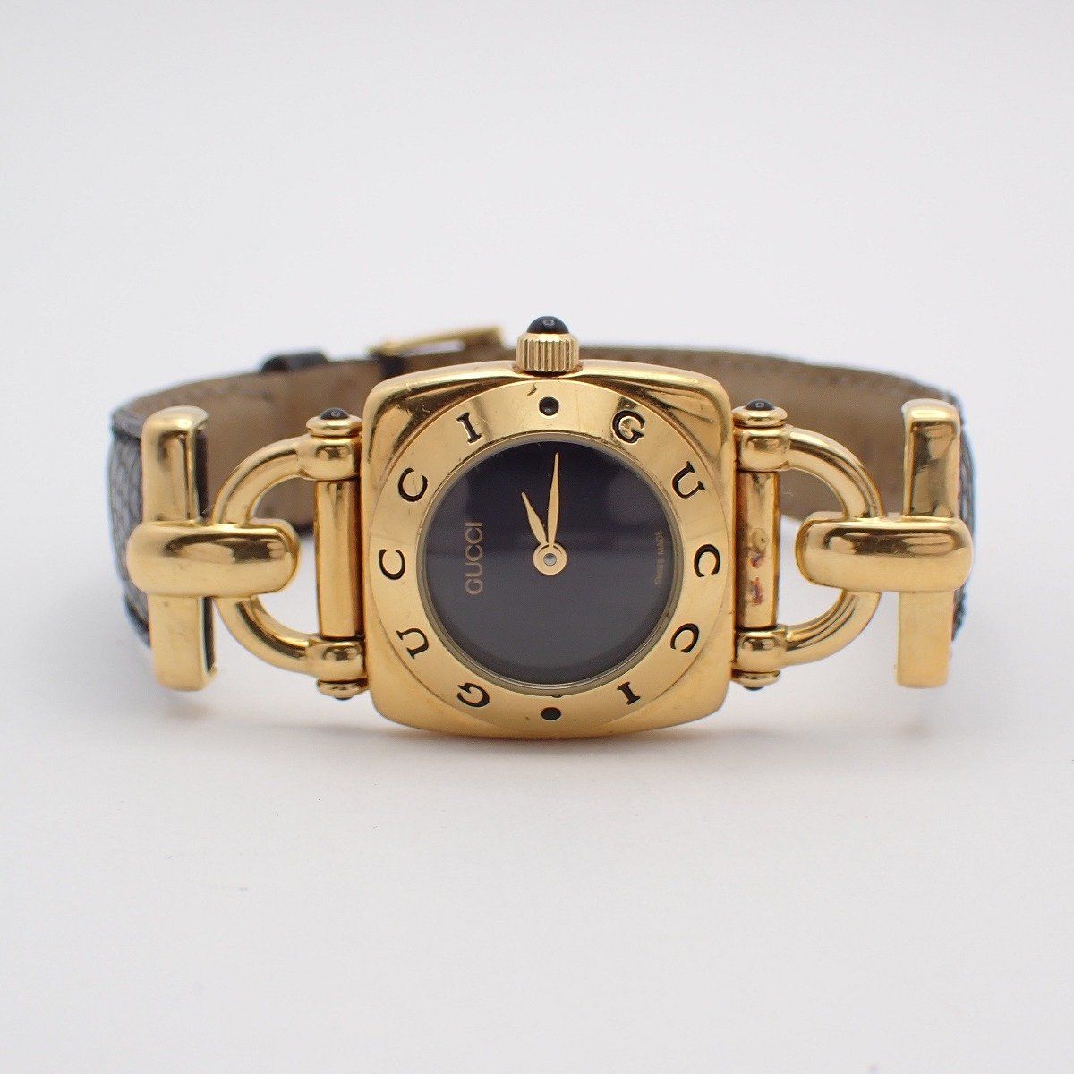 Gucci Quartz Watch Gold Black Dial Leather Strap Pawn — view 2
