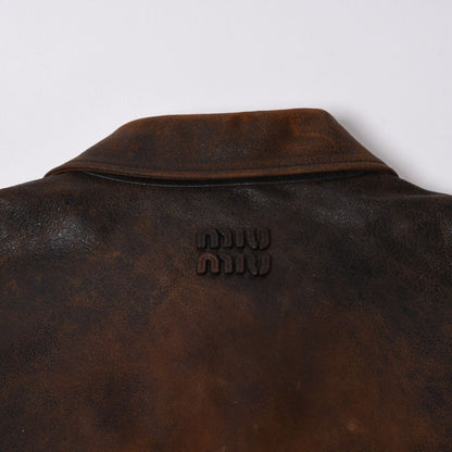 Miu Miu Waxed Suede Leather Jacket Cognac Brown — view 8