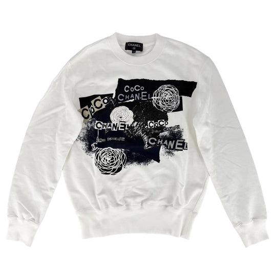 Chanel Top CC Logo Camellia Sweatshirt XS White Black Cotton Spring Autumn