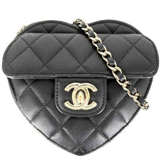 Chanel Shoulder Bag Quilted Heart CC Logo Small Lambskin Black Gold